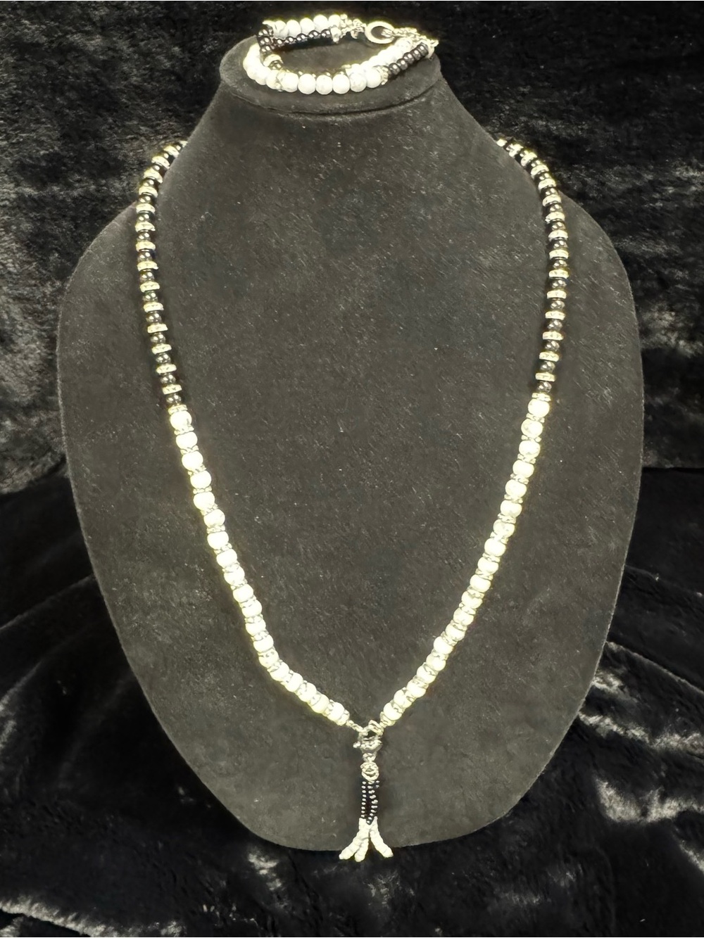 Silver and Black Beaded Women's Necklace with Tassel Pendant